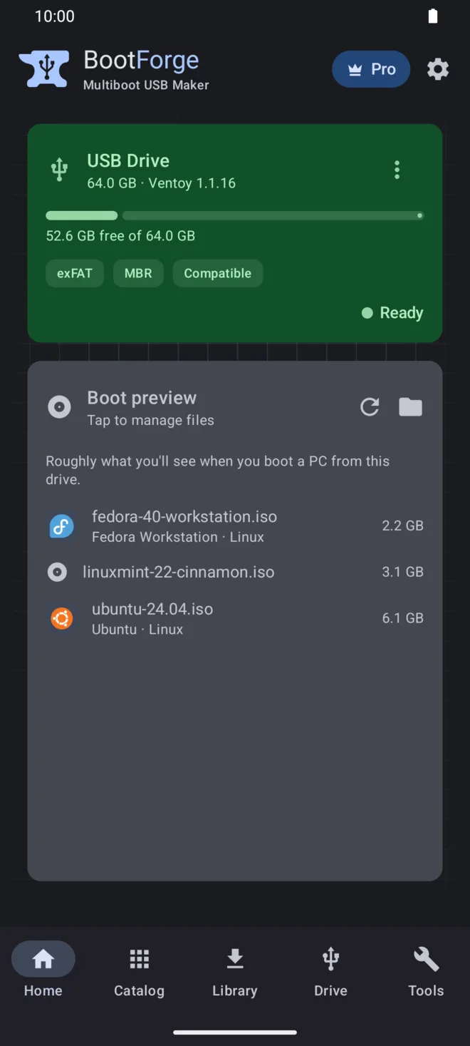 The BootForge home screen with a Ventoy USB drive connected and three Linux ISOs ready to boot.
