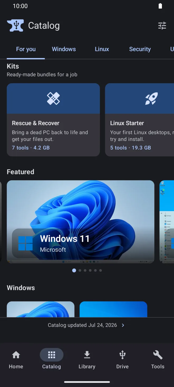 The catalog screen listing ready-made kits and featured Windows, Linux, and rescue boot images.