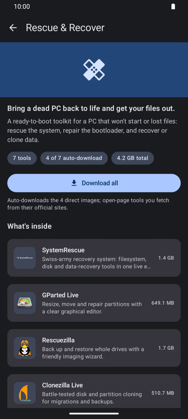 The Rescue and Recover kit, a bundle of seven repair and data-recovery tools that download in one tap.