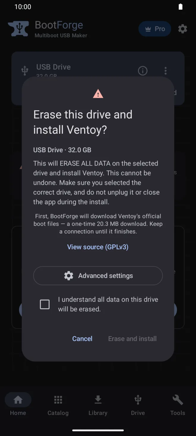 The prepare-drive confirmation warning that installing Ventoy erases all data on the selected USB drive.