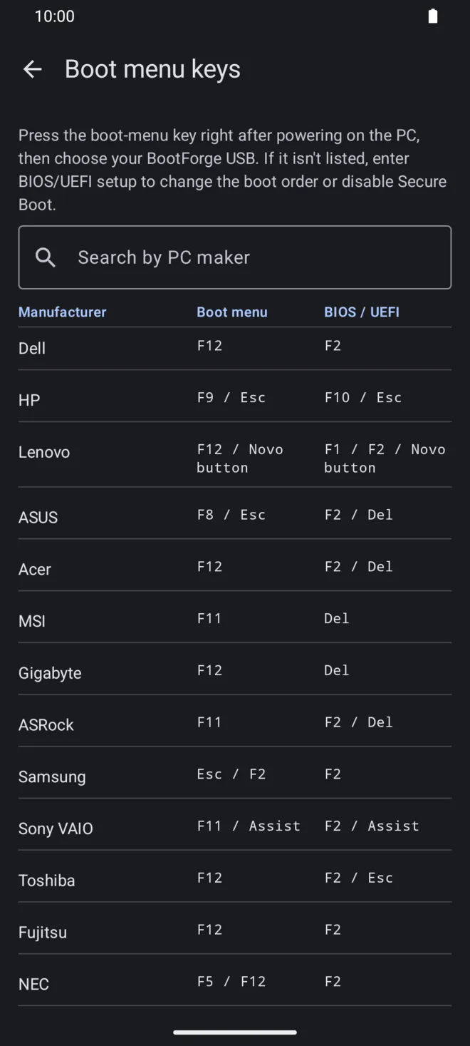 The boot menu keys reference, listing the boot-menu and BIOS keys for each PC manufacturer.